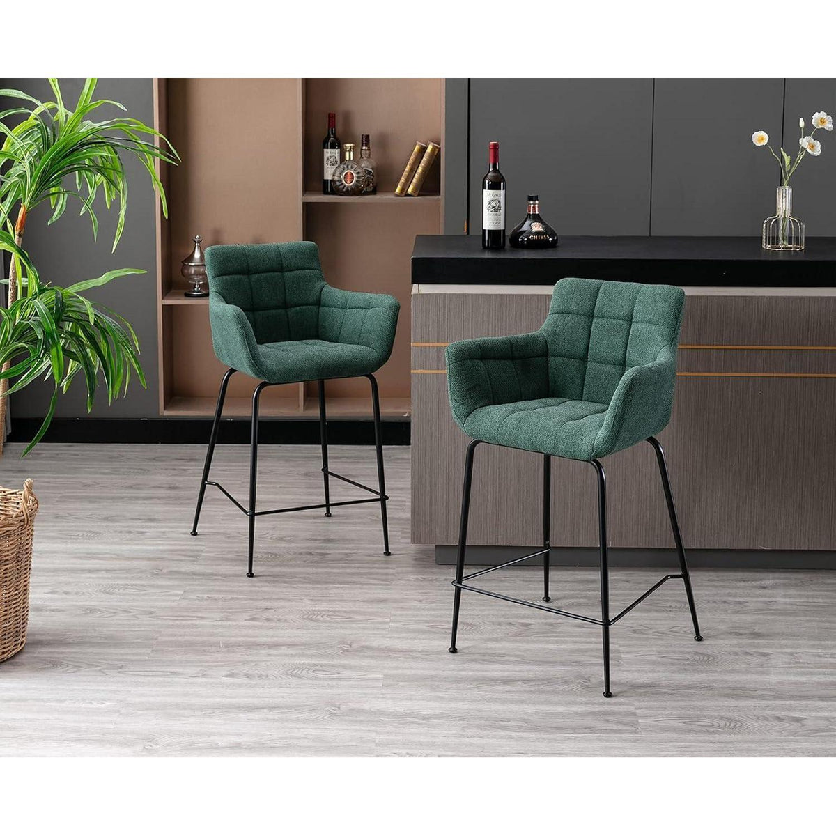Moderner Barhocker 2er Set mit Frottee & Metallfüßen, Grün