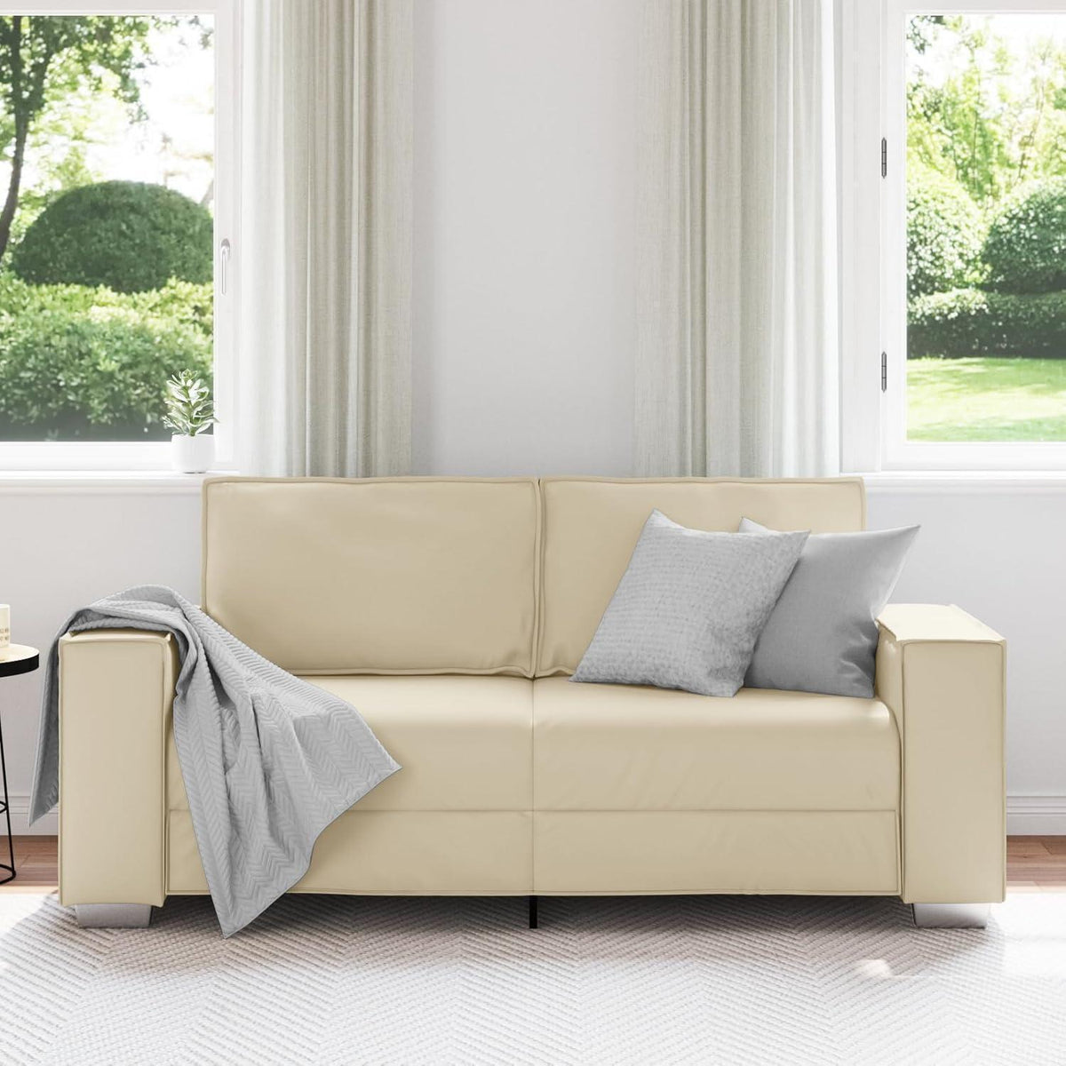 2-Sitzer Sofa Creme – 140 cm mit Abnehmbaren Kissen in Lederoptik