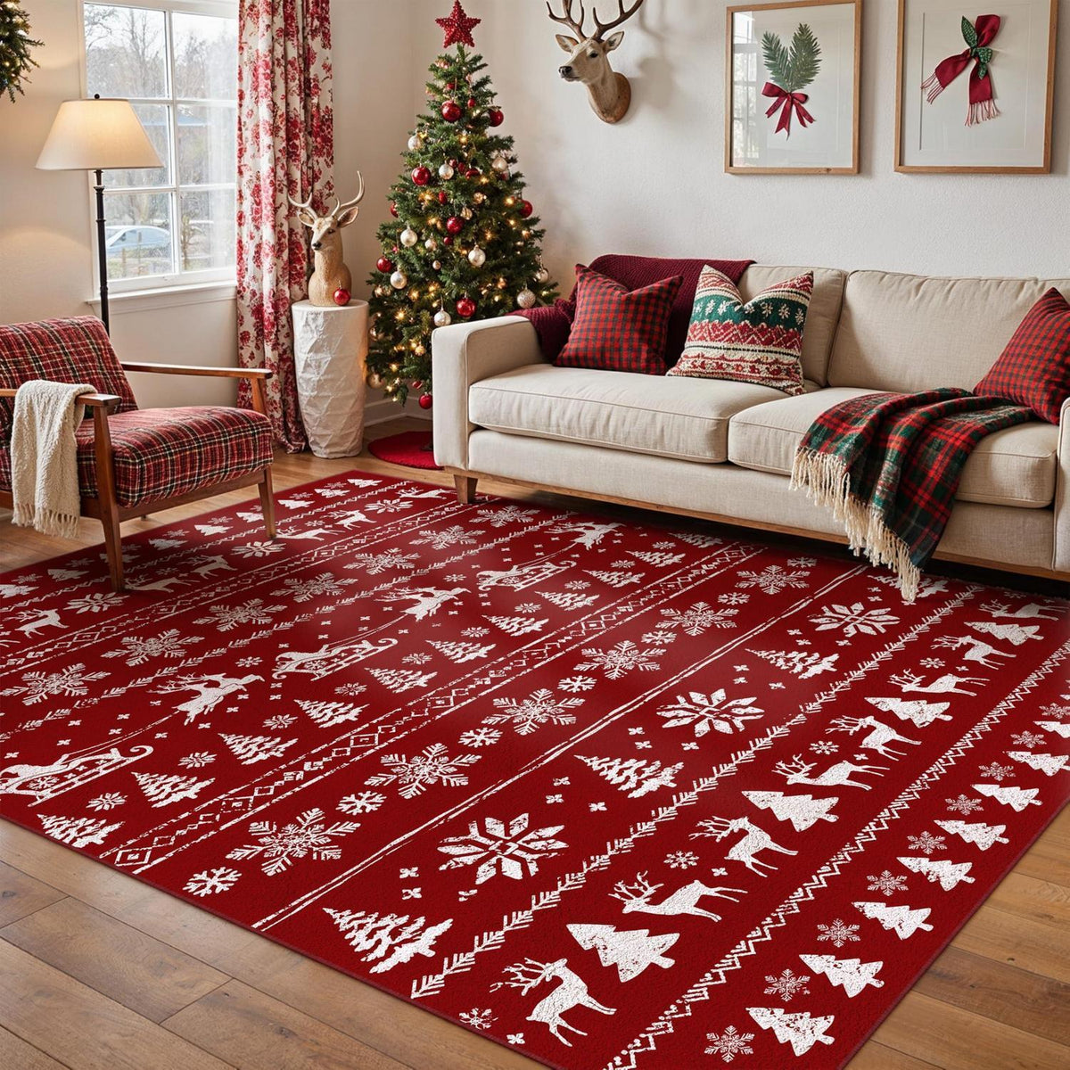 Weihnachts Teppich 160x230 cm – Roter Kurzflor Wohnzimmerteppich