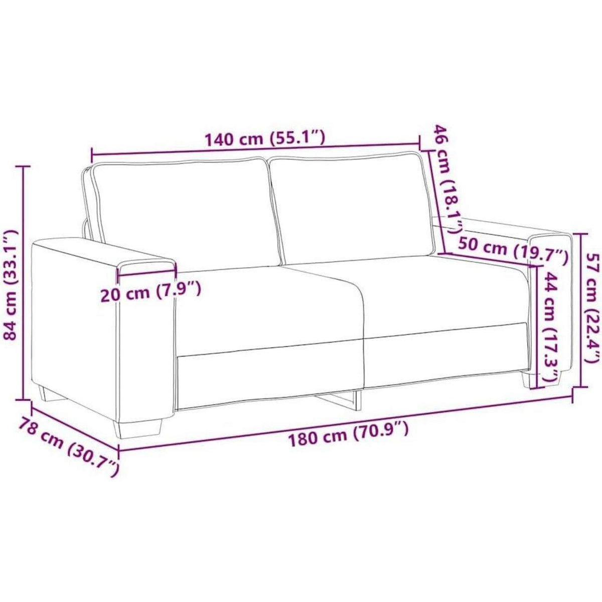 2-Sitzer Sofa Wolkengrau, 140 cm Stoff Couch mit breiten Armlehnen