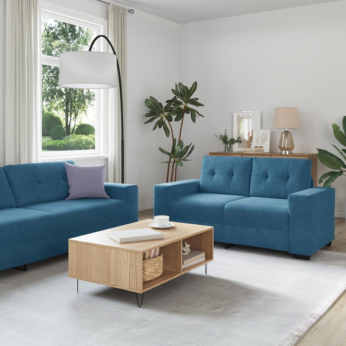3-TLG. Samt Sofagarnitur Blau – Modernes Wohnzimmer Set