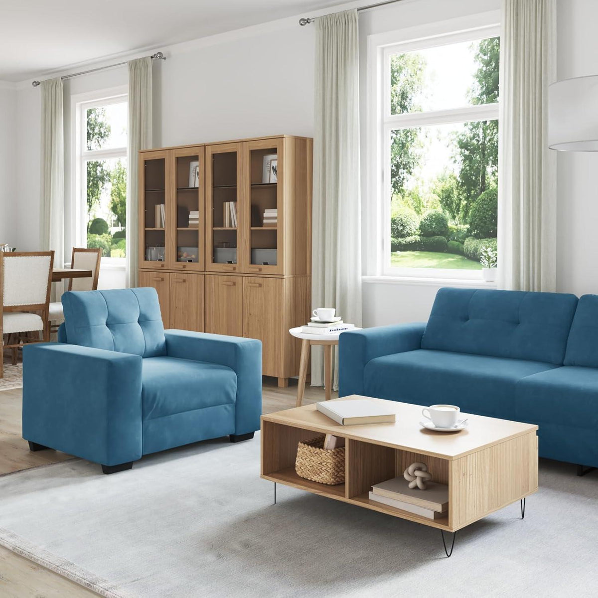 3-TLG. Samt Sofagarnitur Blau – Modernes Wohnzimmer Set