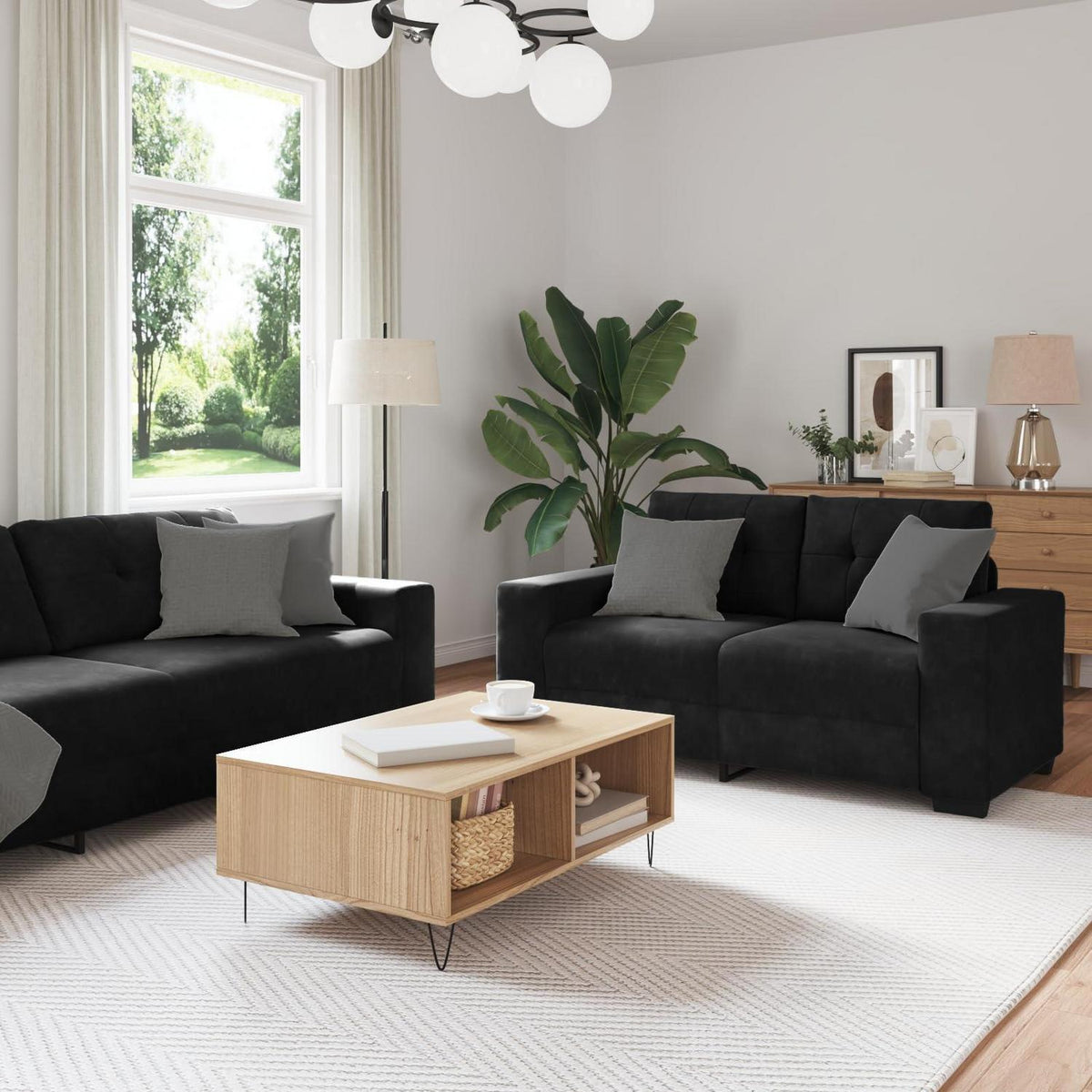 3-TLG. Samt Sofagarnitur Schwarz – Modernes Wohnzimmer Set