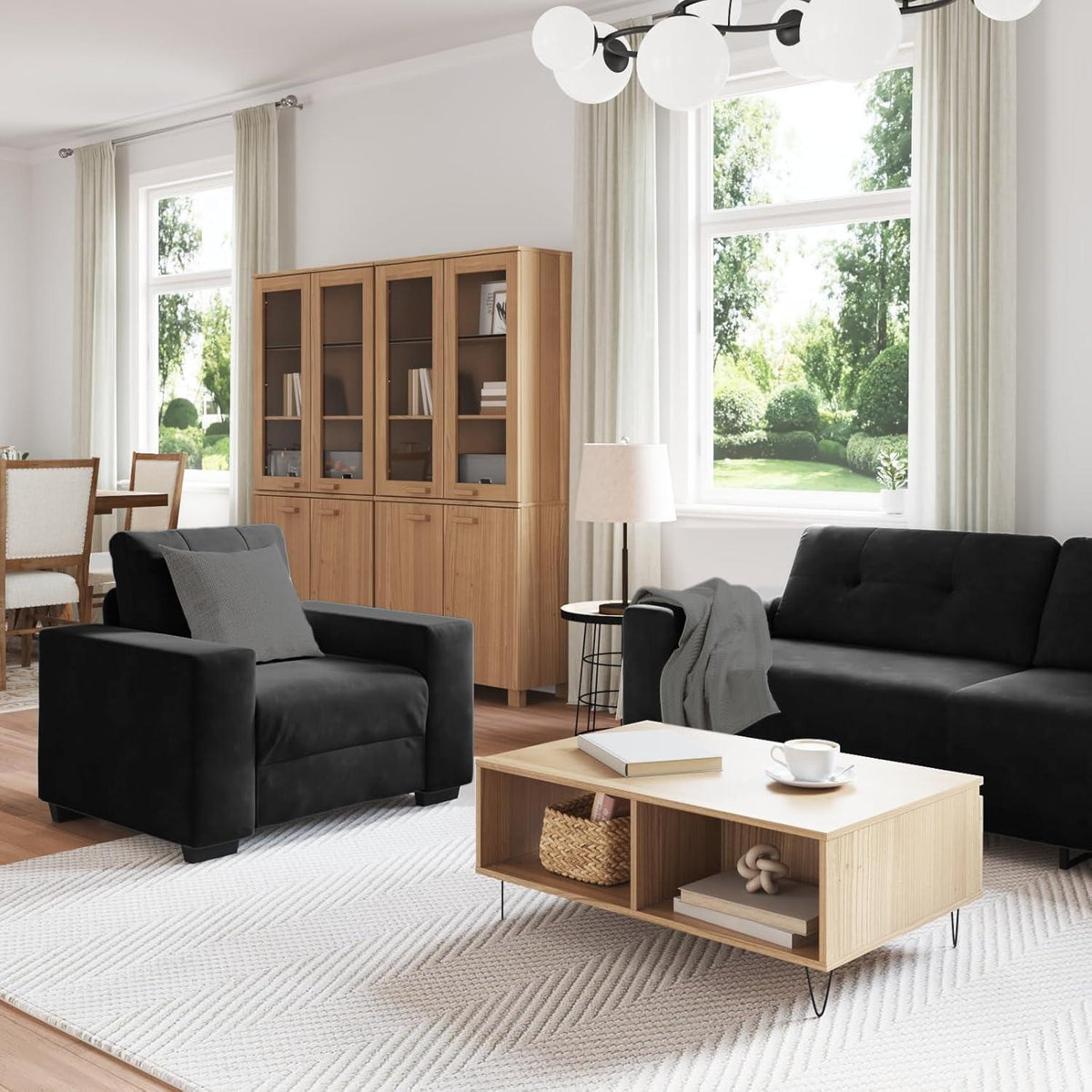 3-TLG. Samt Sofagarnitur Schwarz – Modernes Wohnzimmer Set