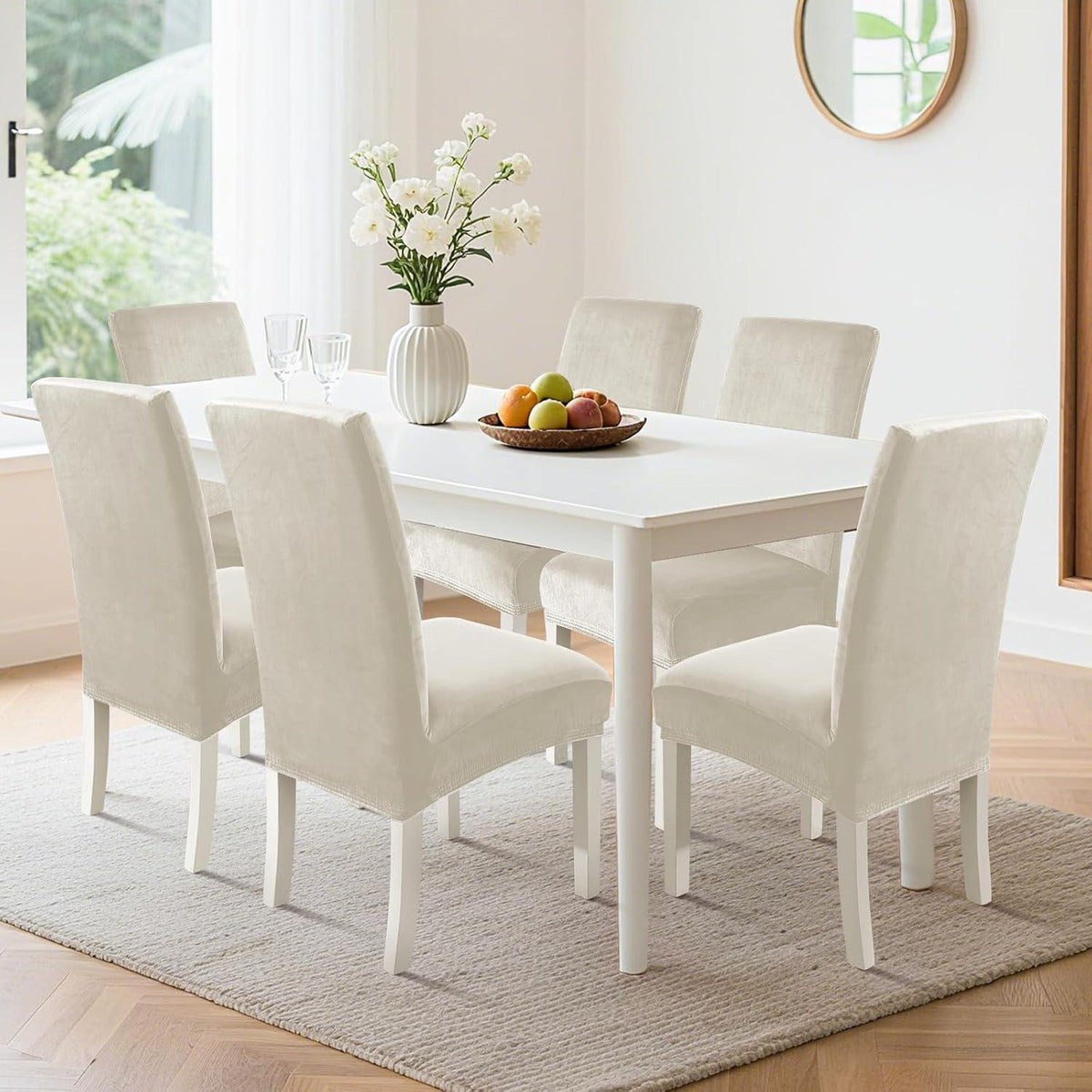 Samt Stuhlhussen 6er Set – Stretch, Waschbar, Beige