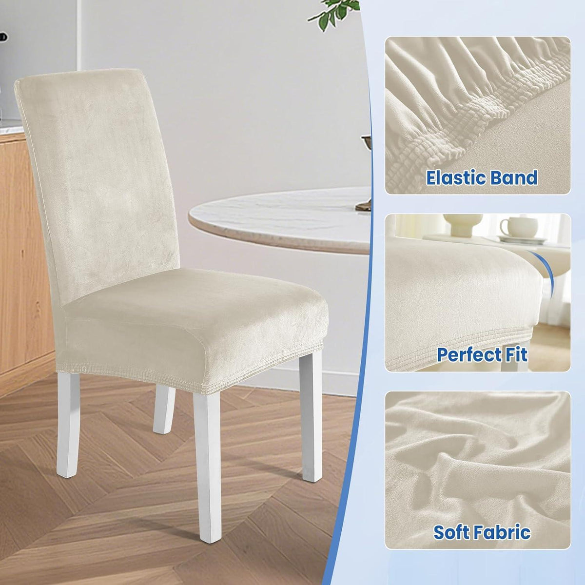 Samt Stuhlhussen 6er Set – Stretch, Waschbar, Beige