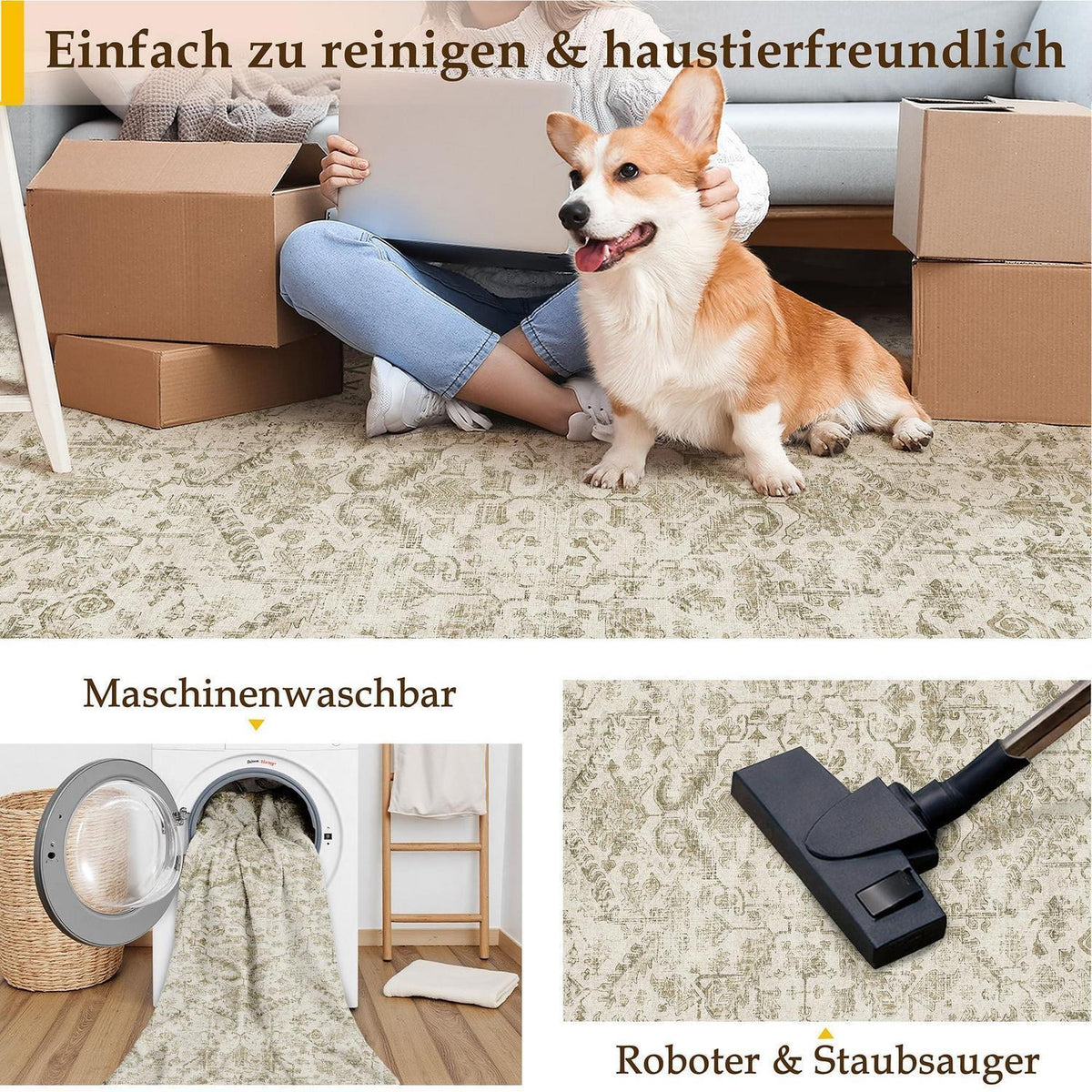 Vintage Läufer Beige 60x240cm - Waschbarer Retro Teppich für Flur