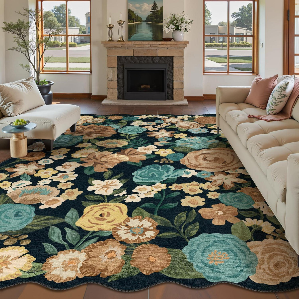 Schwarz-Weißer Teppich Wohnzimmer 200x300cm – Waschbarer Florteppich