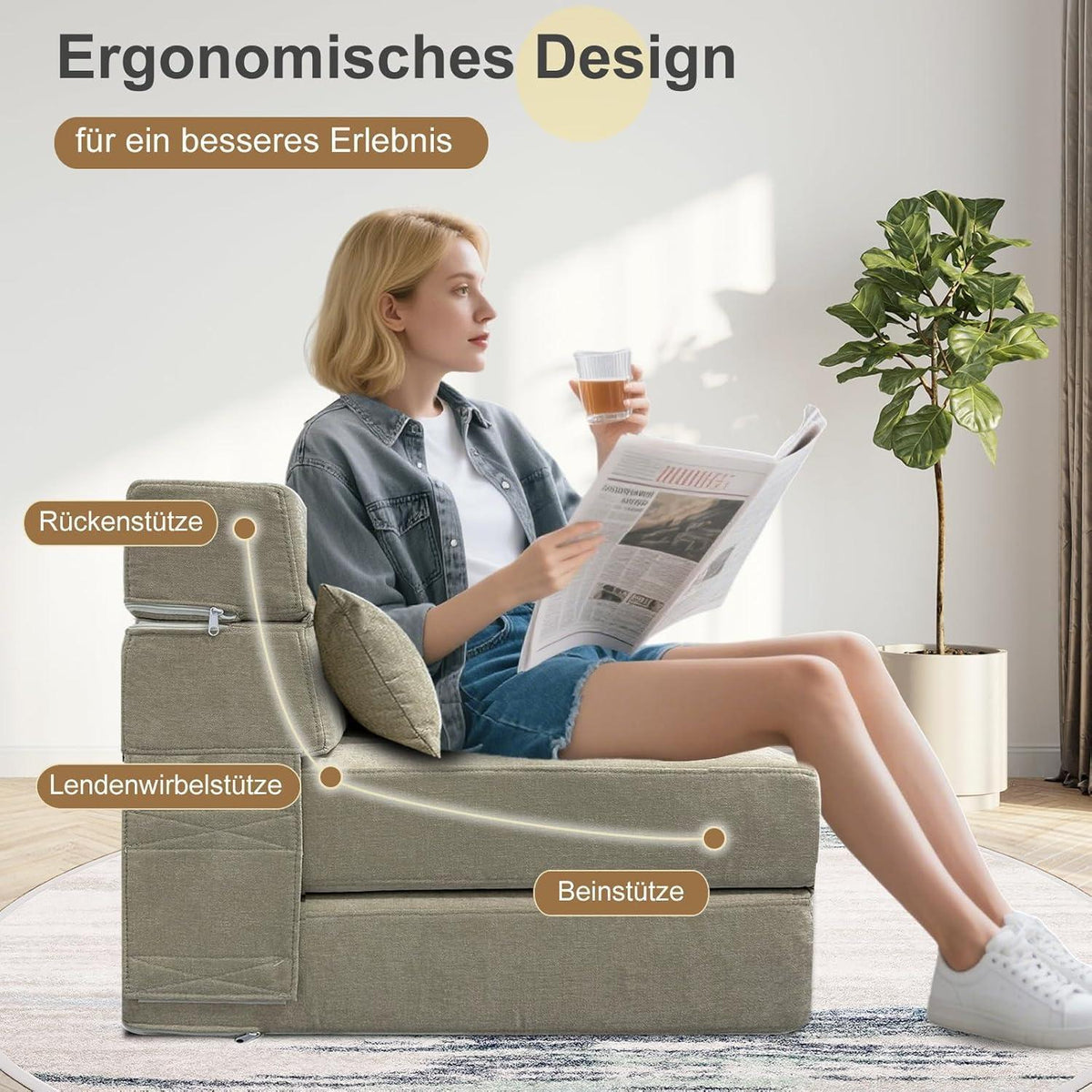Schlafsessel mit Bettfunktion & Memory Schaum – Beige 70x200cm