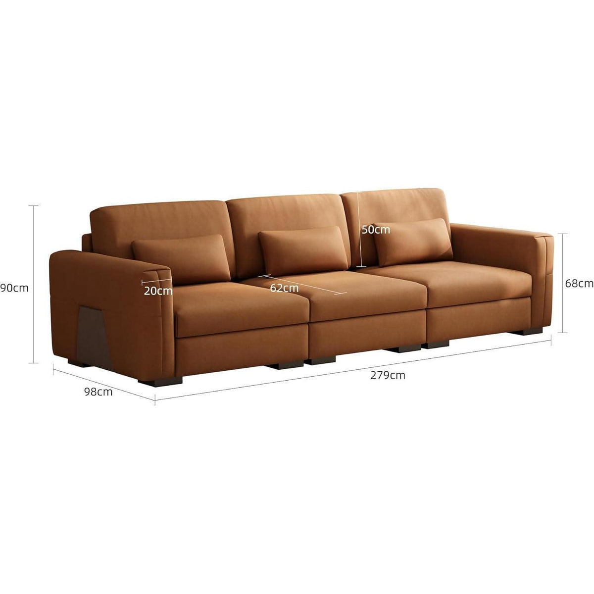 Bequemes 3-Sitzer Sofa Lederoptik 276x98x90cm Orangebraun