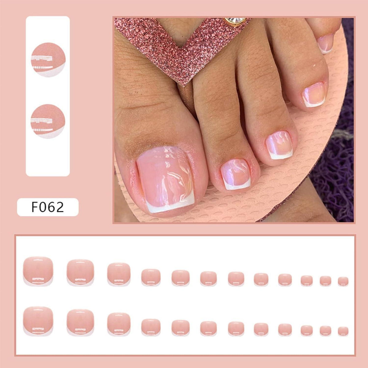Französische Zehennägel Kurz Rosa-Weiß – 24er Set mit Kleber & Feile
