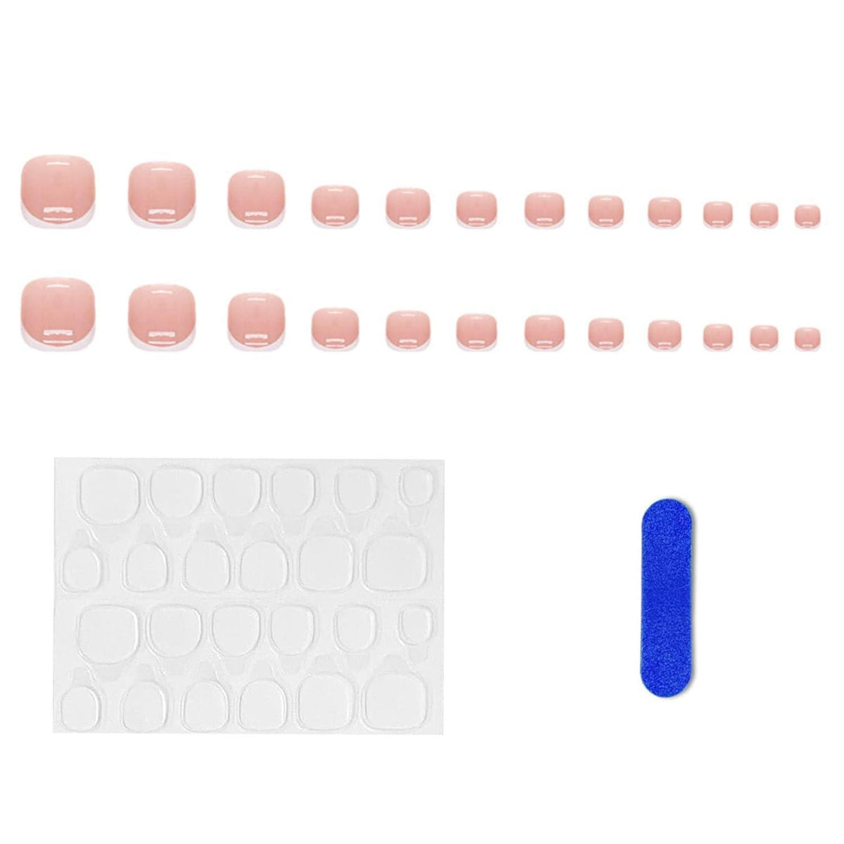 Französische Zehennägel Kurz Rosa-Weiß – 24er Set mit Kleber & Feile