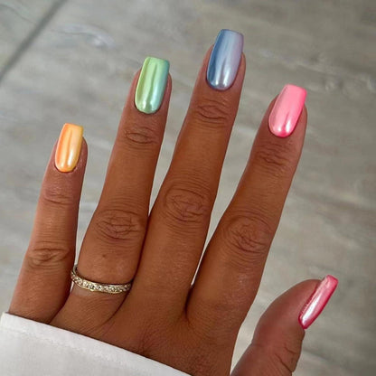 24 French Press on Nails Kurz Eckig Regenbogen Aurora