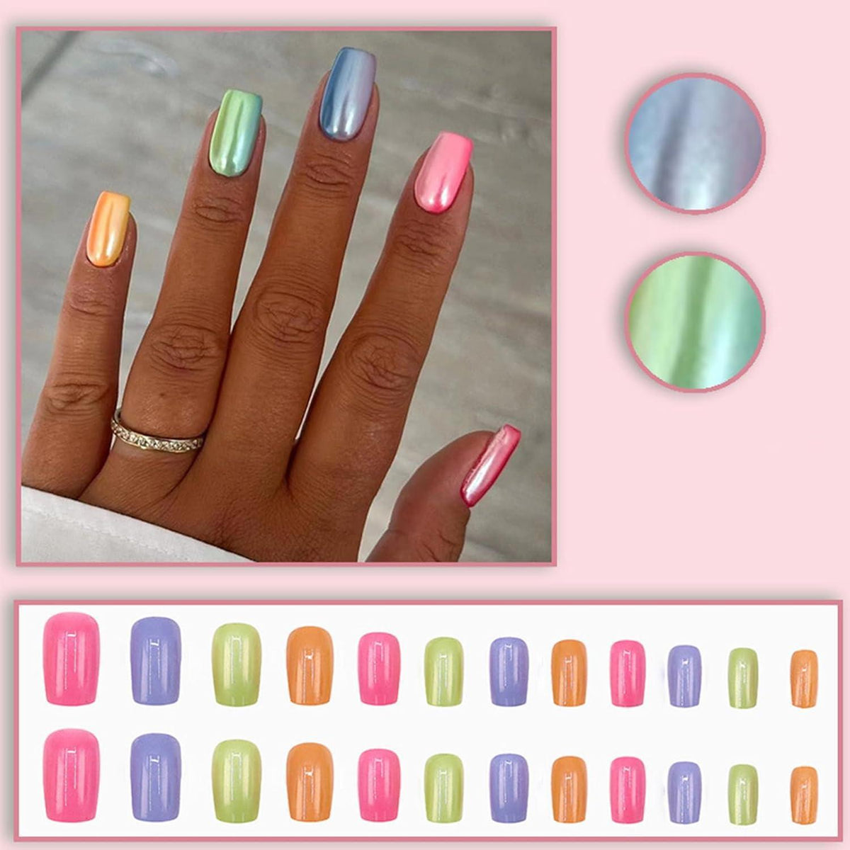 24 French Press on Nails Kurz Eckig Regenbogen Aurora