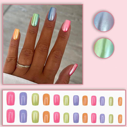 24 French Press on Nails Kurz Eckig Regenbogen Aurora