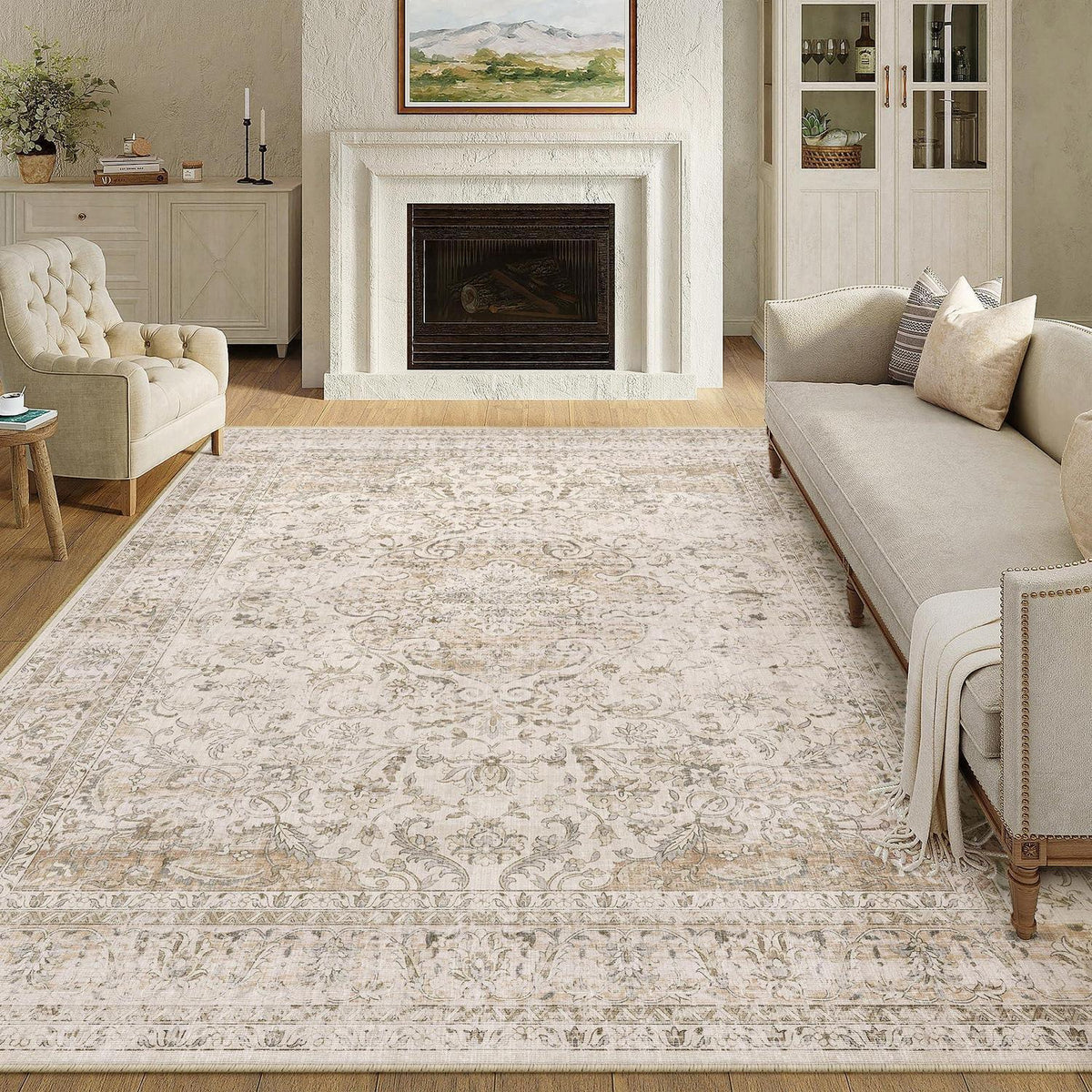 Vintage Teppich 300x400cm Beige – Waschbar & Rutschfest