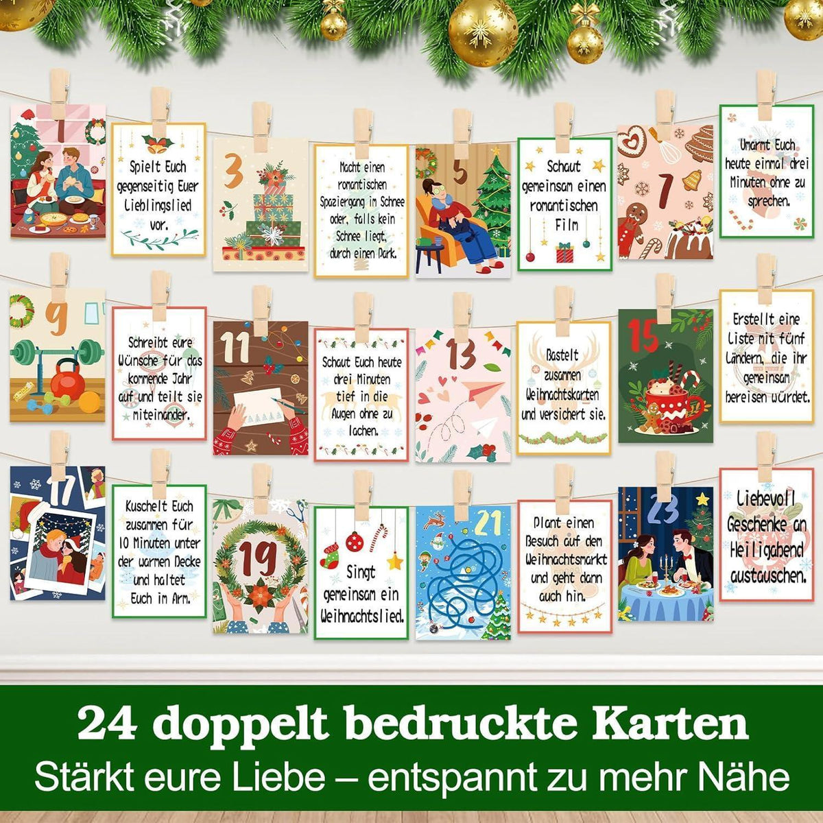 Adventskalender für Paare 2026 mit 24 Karten & Holzständer