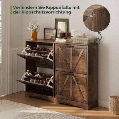 Schmaler Schuhschrank mit Klappschubladen & Trennwänden