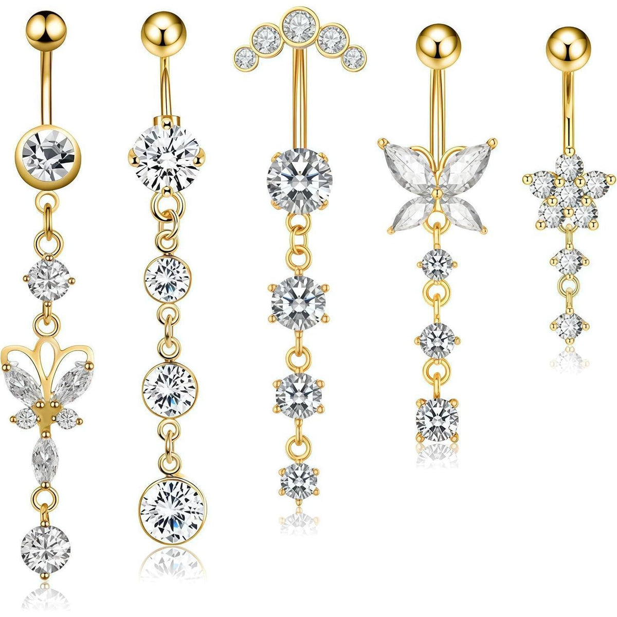 Bauchnabelpiercing Set 5 Stück Hängend Gold Schmetterling Zirkonia