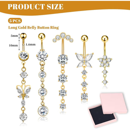 Bauchnabelpiercing Set 5 Stück Hängend Gold Schmetterling Zirkonia