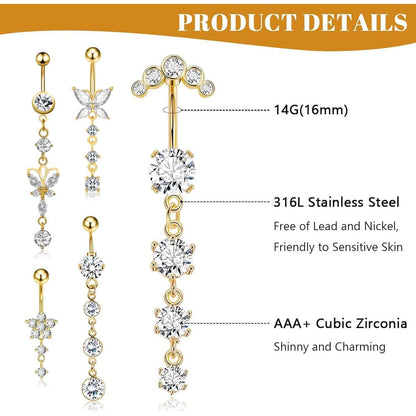 Bauchnabelpiercing Set 5 Stück Hängend Gold Schmetterling Zirkonia