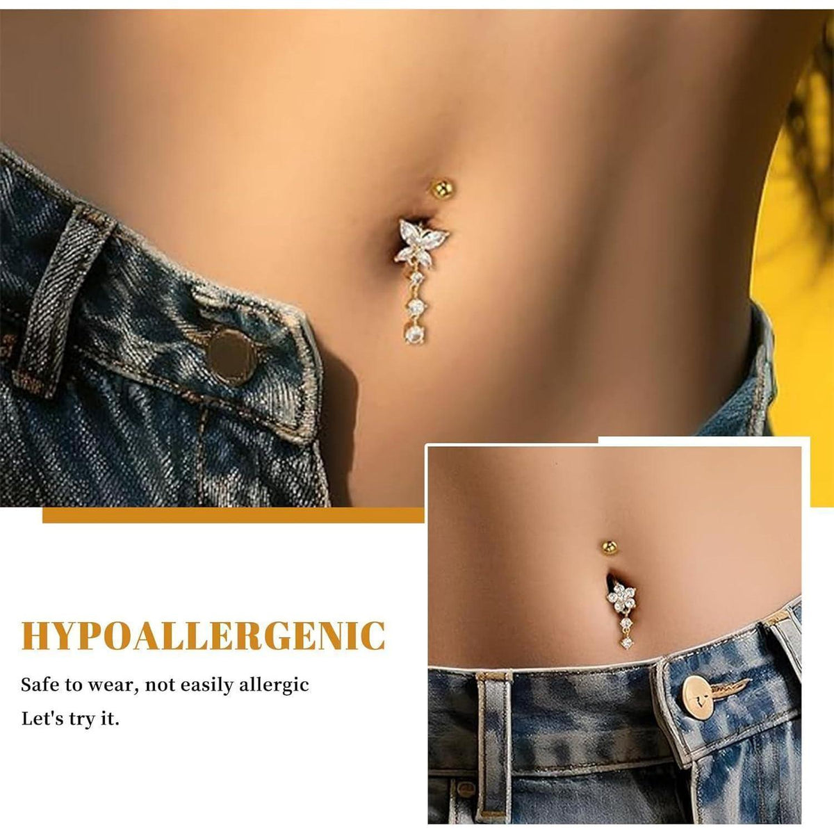 Bauchnabelpiercing Set 5 Stück Hängend Gold Schmetterling Zirkonia