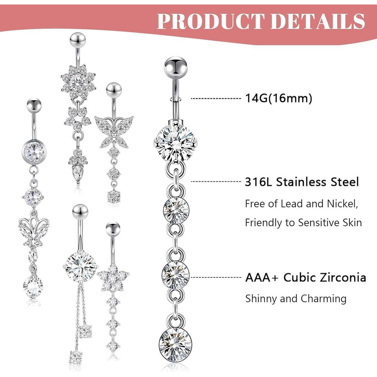 6er Set Bauchnabelpiercing Chirurgenstahl Zirkonia Silber