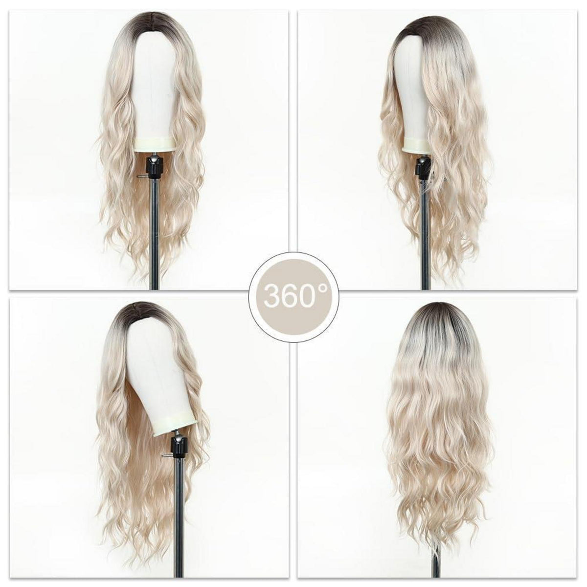 Lang Wellige Platinblonde Perücke Damen Synthetisch Ombré