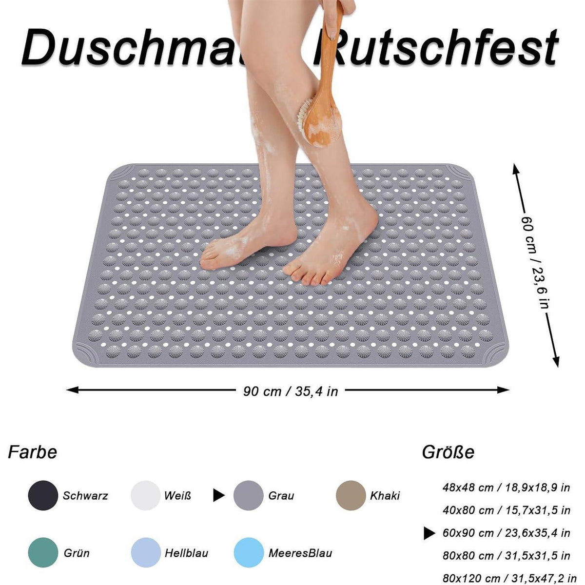 Rutschfeste Duschmatte Grau 60x90 cm mit Saugnäpfen