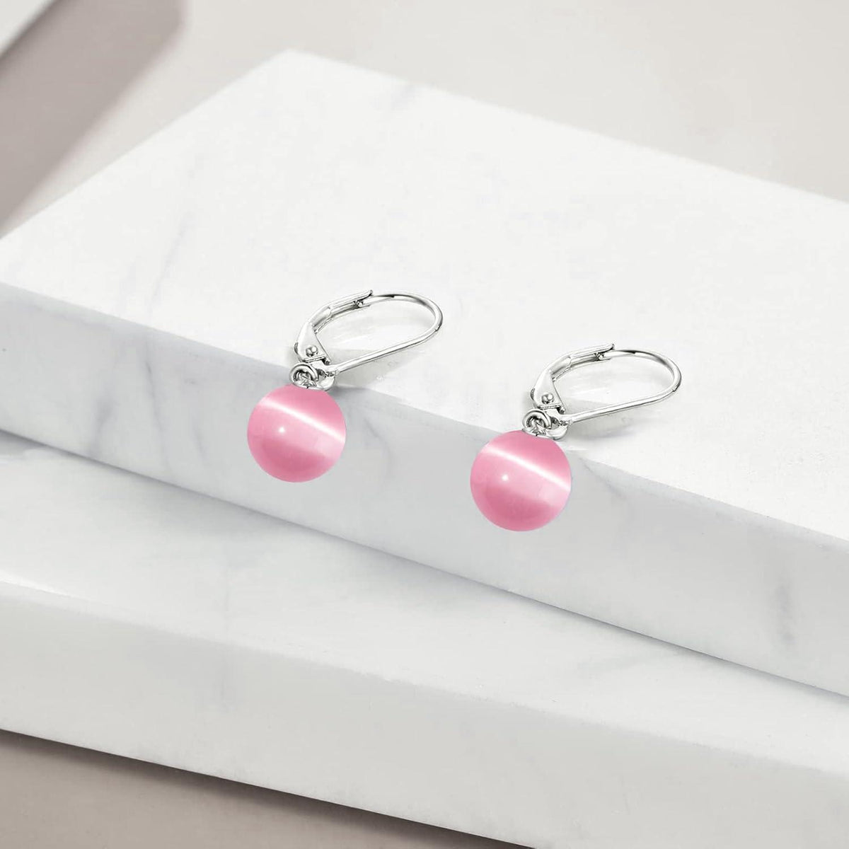 Perlen Ohrringe Sterling Silber Hängend Rosa Katzenauge