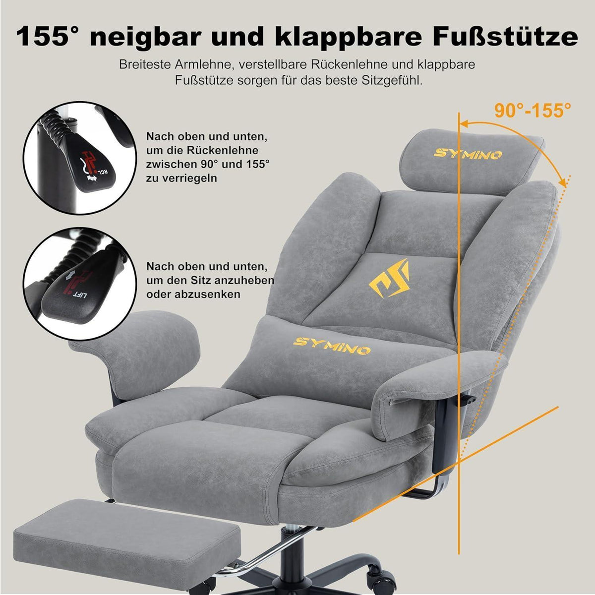 Gaming Stuhl mit Fußstütze, ergonomisch, Vintage-PU-Leder, Grau