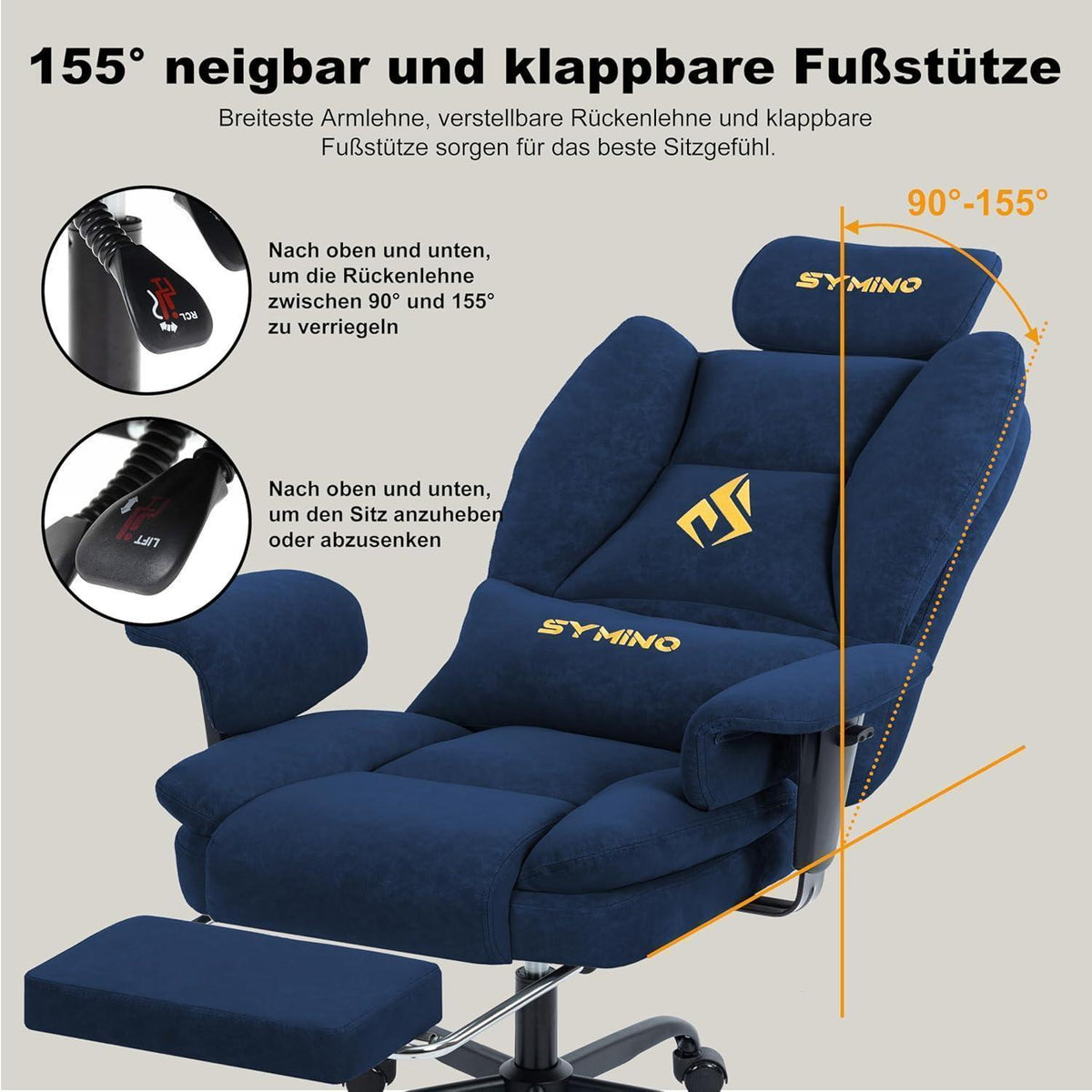 Gaming Stuhl mit Fußstütze, verstellbar, dunkelblau