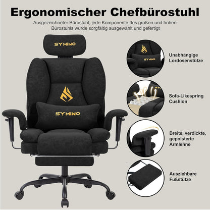 Gaming Stuhl mit Fußstütze, Ergonomisch, Schwarz in Lederoptik