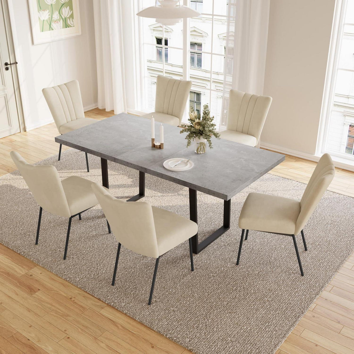 Ausziehbare Essgruppe mit Tisch und 6 Stühlen – Beige