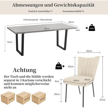 Ausziehbare Essgruppe mit Tisch und 6 Stühlen – Beige
