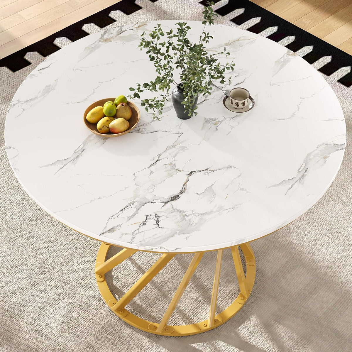 Runder Esstisch 80x80cm Weiß Marmor Optik mit Metallbeinen