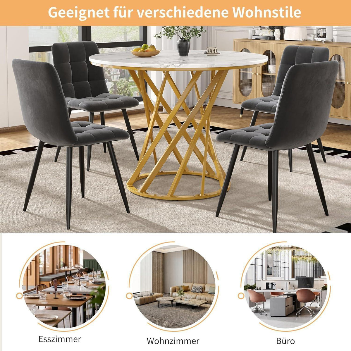 Runder Esstisch 80x80cm Weiß Marmor Optik mit Metallbeinen