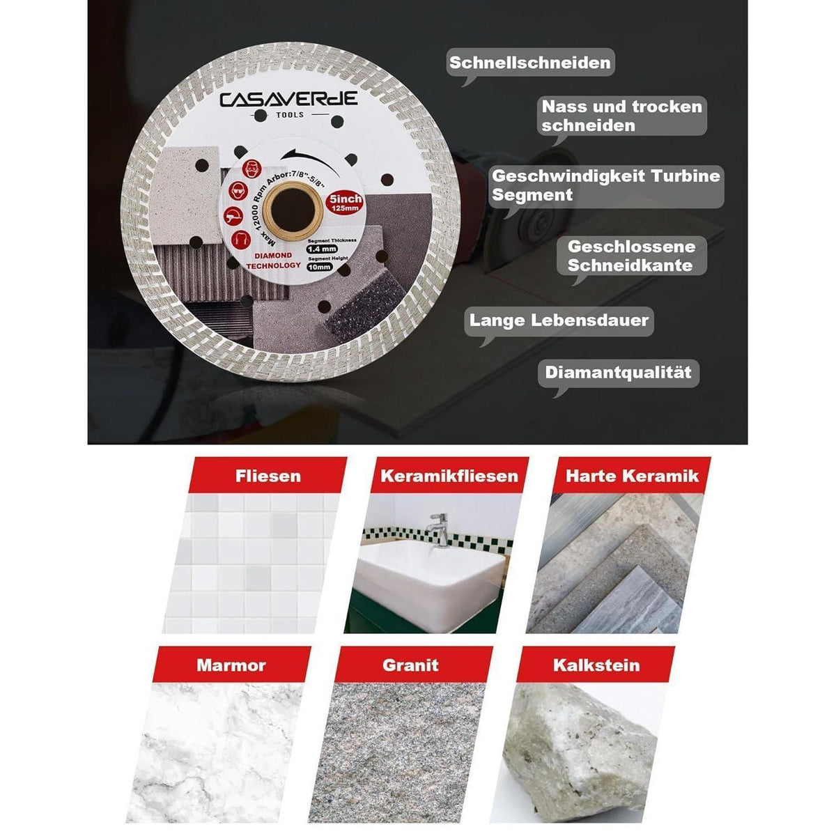 Diamantscheibe 125mm für Fliesen & Naturstein, Turbo-Klinge
