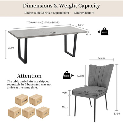Ausziehbare Essgruppe mit Tisch und 6 grauen Stühlen