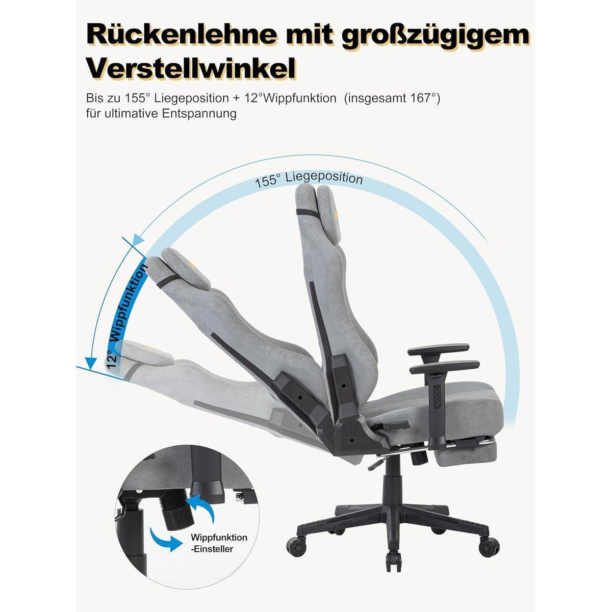 Gaming Stuhl mit atmungsaktiver Rückenlehne & 3D-Lendenstütze, Grau