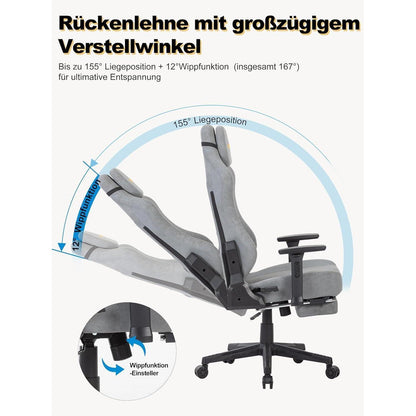 Gaming Stuhl mit atmungsaktiver Rückenlehne & 3D-Lendenstütze, Grau