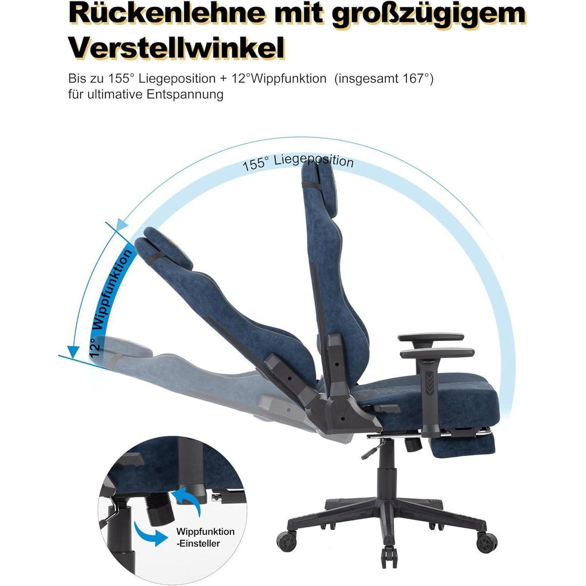 Gaming Stuhl Dunkelblau mit 3D-Lendenwirbelstütze & Wippfunktion