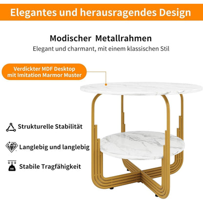 Runder Esstisch Weiß 80x80cm | Marmor Optik & Stauraum