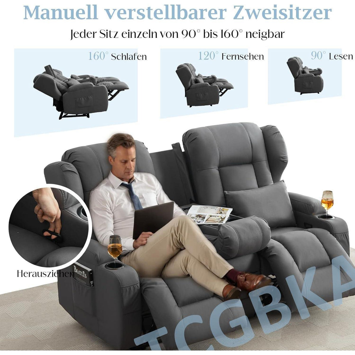 2-Sitzer Relaxsessel mit Liegefunktion & Kinosofa Grau