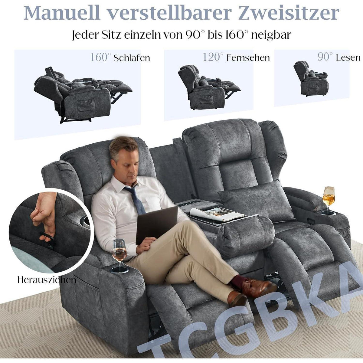 2-Sitzer Relaxsessel mit Liegefunktion & Kinosofa Grau