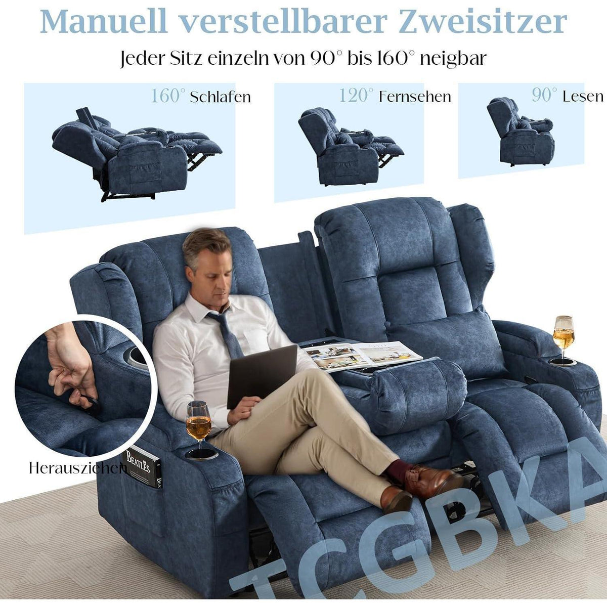 2-Sitzer Relaxsessel mit Liegefunktion & Kinosofa Blau