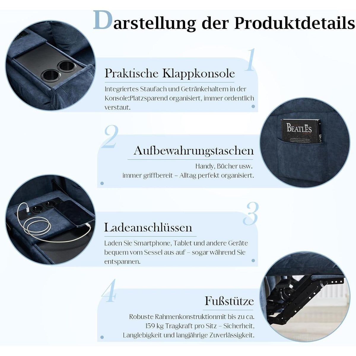 2-Sitzer Relaxsessel mit Liegefunktion & Kinosofa Blau