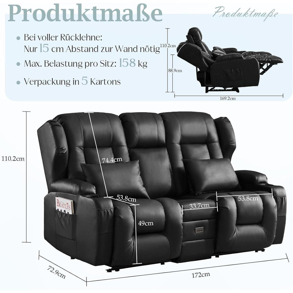 2-Sitzer Relaxsessel mit Liegefunktion & Kinosessel Schwarz
