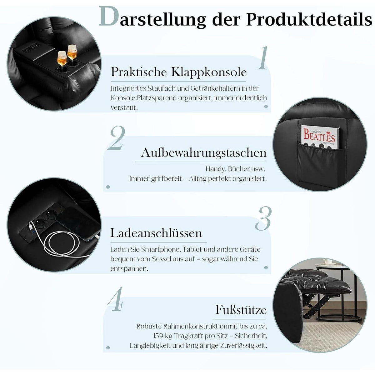 2-Sitzer Relaxsessel mit Liegefunktion & Kinosessel Schwarz