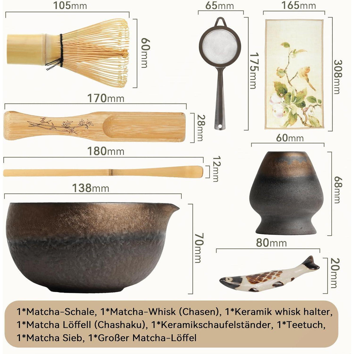 Matcha Set 8-teilig mit Bambus Schneebesen & Schale